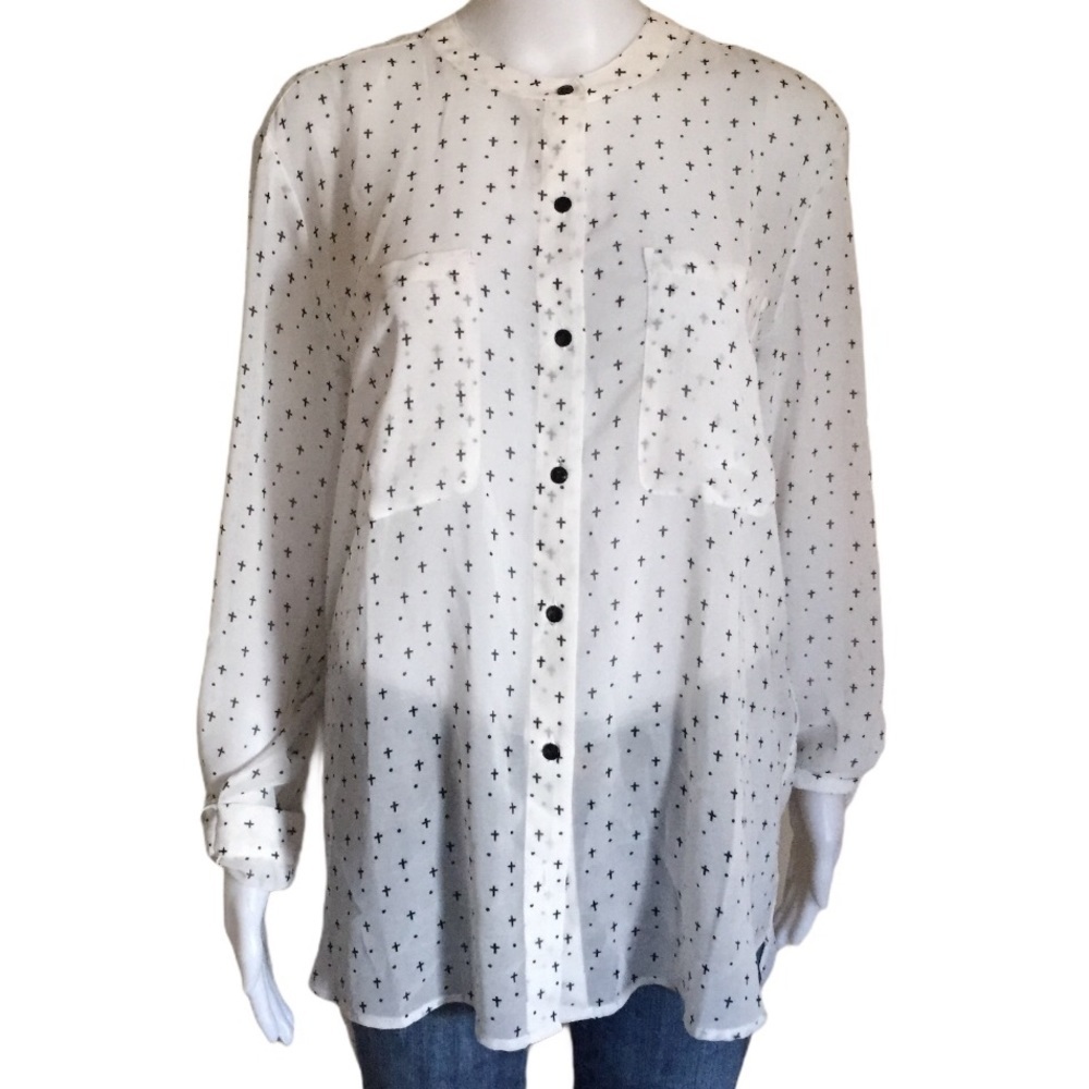 TWIK by Simons Dainty Cross Print Button Down Collarless Blouse Ivory Large